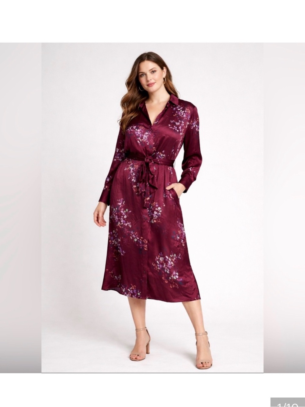 Vince Floral Tie-Waist Burgundy Midi Shirt Dress